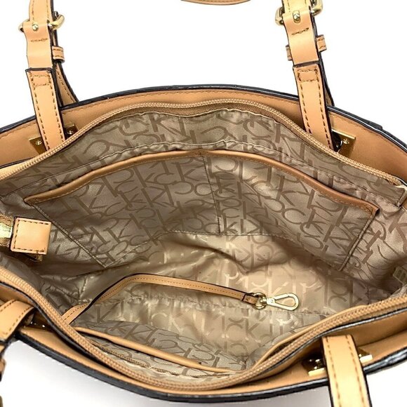 Calvin Klein Signature Satchel H8ABJ6UW Vegan Leather White/Tan Gold Hardware - Picture 12 of 13